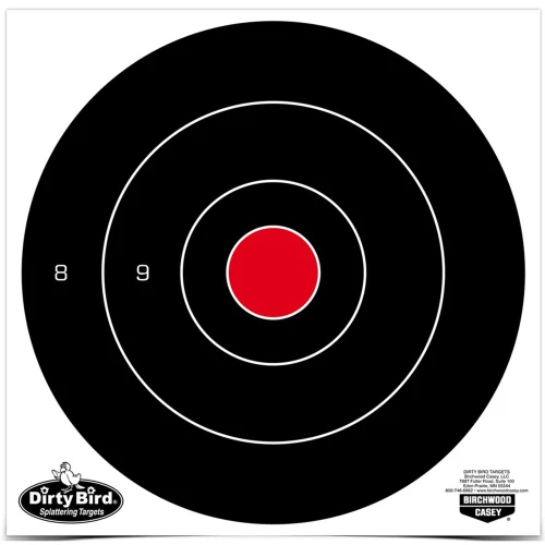 Birchwood Casey BC-35825 High Visibility Tagboard Shooting Targets, black and white target with red center, ideal for indoor and outdoor range practice.