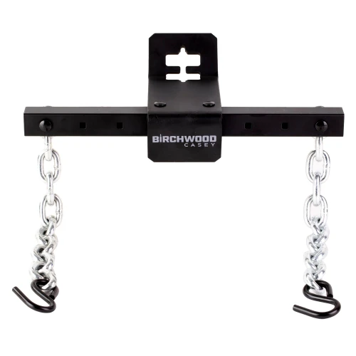 Birchwood Casey BC-TPGTM T-Post Gong Target Mount Kit, durable and easy to install for precision shooting, featuring a black metal frame with chains and hooks for hanging targets.
