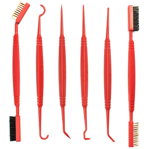 Real Avid AVPBS Gun Cleaning Kit – Precision Tools with Triangular Handles for Ultimate Firearm Care, red cleaning tools including brushes, picks, and hooks with triangular handles for firearm maintenance.