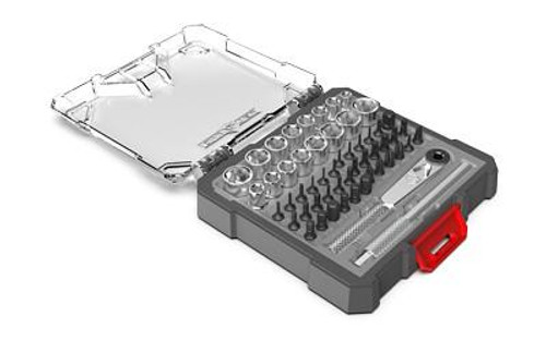 Real Avid REAL AVID X3 DRIVER 52PC SOCKET/BIT, image showing a comprehensive tool set with a variety of screwdriver bits and sockets in a sturdy case.