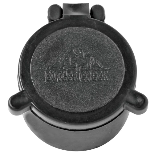 Butler Creek 30330 Flip Scope Cover - Ultimate Lens Protection for Hunters, black round scope cover with embossed Butler Creek logo and flip-up design for outdoor hunting gear.