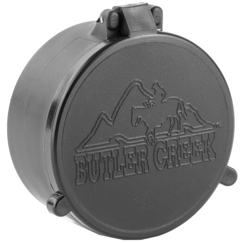 Butler Creek 30390 Flip Scope Cover 39 OBJ, black lens cover with embossed logo of a mountain and horse, designed for ultimate lens protection for hunters and shooters.