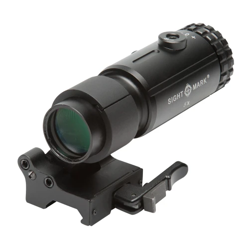 Sightmark SM19064, tactical rifle scope with 5x magnification and adjustable zoom, mounted on a rail mount for precision shooting.