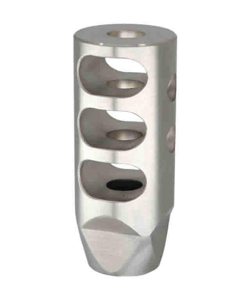 ABCSportZ 223/5.56 Rifle Short 3 Baffle 2 Port Muzzle Brake Stainless, close-up image showing the stainless steel construction and multiple baffle and port designs.