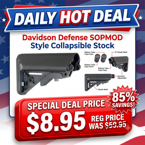 Davidson Defense SK-14638 SOPMOD Style Collapsible Stock with Storage Compartments, Black, shown with adjustable cheek weld and battery tube caps, designed for firearms customization.