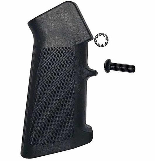 JE Machine Tech TS-PG27B M16A2 A2 M4 Carbine Pistol Grip, black textured firearm grip with screw and star washer.