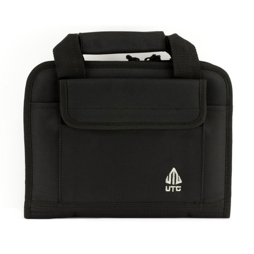 Leapers, Inc. - UTG UTG DELUXE SINGLE PISTOL CASE BLK, black padded carrying case for a handgun with a handle and zippered compartments.