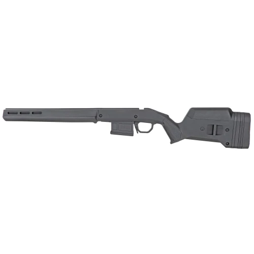 Magpul Industries MAG931-BLK Hunter American Stock for Ruger American Short Action Rifles, adjustable length, ergonomic design, M-LOK compatible, black rifle stock on white background.