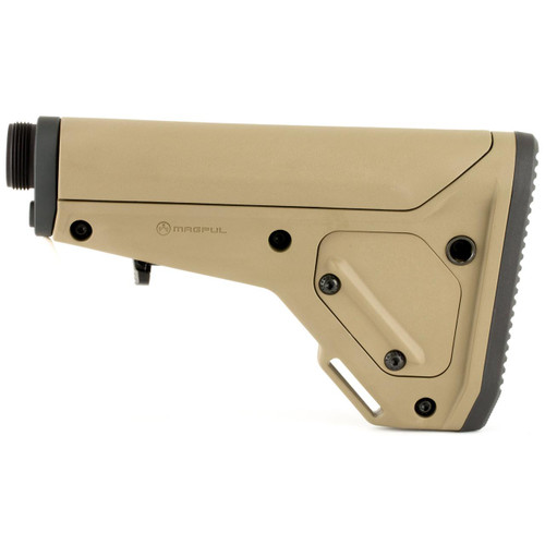 Magpul Industries MAG482-FDE UBR Gen 2 Adjustable Stock for AR-15/M4, FDE color, side view showing adjustable mechanism and lightweight polymer construction.