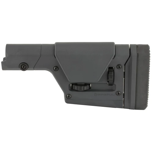 Magpul Industries Magpul PRS Gen 3 Precision Rifle Stock - Adjustable AR15/M16 and AR10/SR25 - MAG672-GRY, close-up view of a gray adjustable rifle stock with textured surface and adjustment controls.
