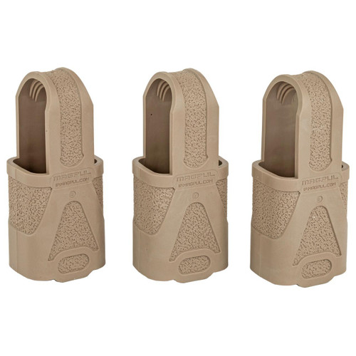 Magpul Industries MAG003-FDE  Orig 9Mm Subgun 3Pk Fde, three tan-colored firearm magazine assists for submachine guns.