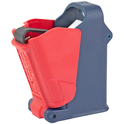 Maglula ltd. Maglula UP60US 9-45 Uplula Universal Loader, a quick and easy loading tool for all magazine types with a US flag design, featuring a compact red and blue plastic construction.