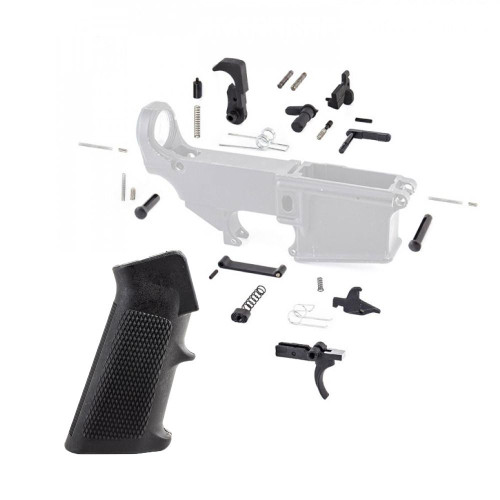 Tiger Rock Inc. Lower Parts Kit w/ Standard Grip & Trigger Guard, disassembled view showing various firearm components including grip, trigger guard, springs, pins, and screws.