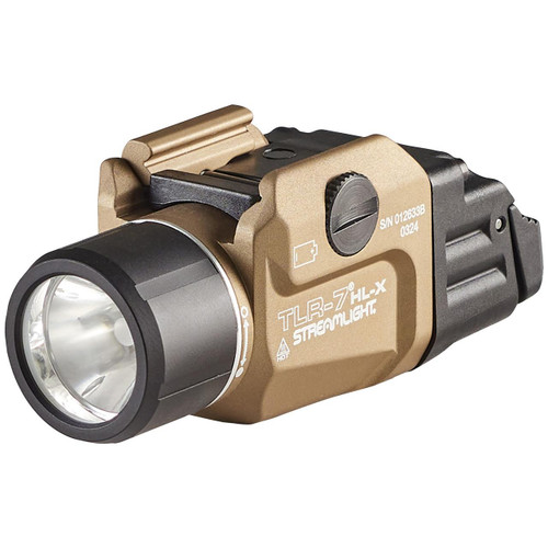 Streamlight STREAMLIGHT TLR7 HLX USB 1000LM FDE, tactical flashlight with a tan body and black bezel, featuring adjustable focus and USB rechargeable battery.