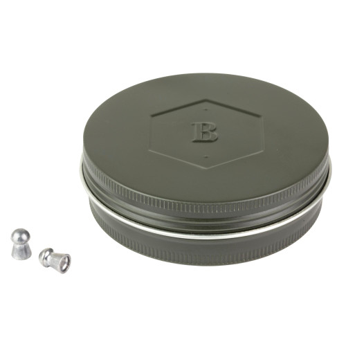 Benjamin Sheridan BD25 Match Grade .25 Caliber Airgun Pellets - Premium Precision for Target Shooting & Hunting, shown in a round gray storage container with two pellets outside.