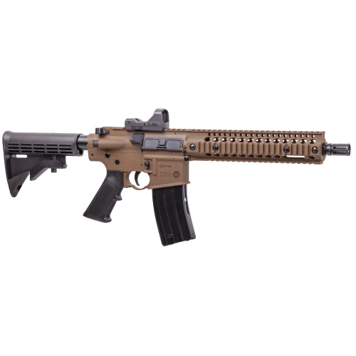 Crosman CFAR1X, tactical air rifle with a tan finish, adjustable stock, mounted iron sights, and a long Picatinny rail for accessories.