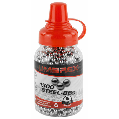 Umarex 2252549 Precision .177 Steel BB 1500/Btl, a clear plastic bottle filled with small metallic steel BBs for air compression guns.