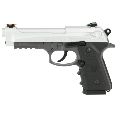 Crosman CM9B, semi-automatic air pistol with black grip and silver slide.