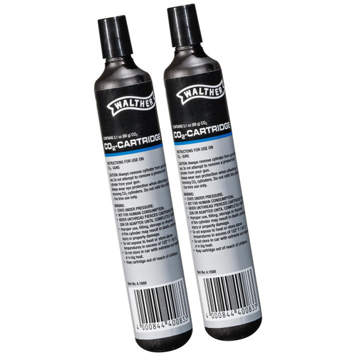Umarex 2252534 Walther 88G Co2 Cylinder 2/Pk, two black CO2 cylinders with label and barcode for air gun use.