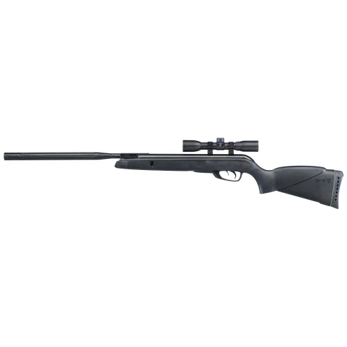 Gamo USA 611006785554 Wildcat Whisper .22 with scope, air rifle, with scope mounted, black synthetic stock, and extended barrel.
