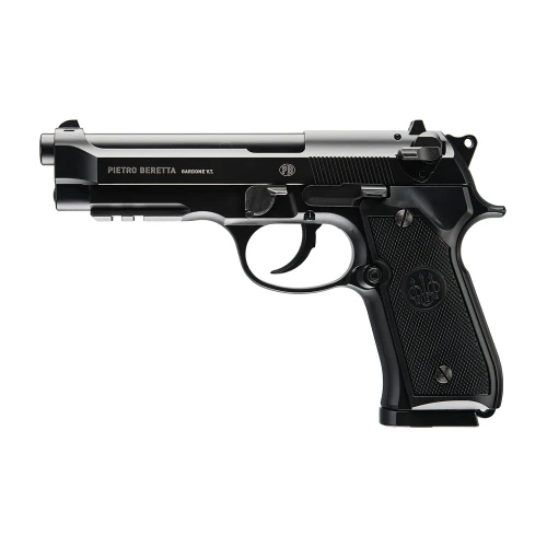 Umarex 2253017, a semi-automatic handgun with a black slide and grip, featuring textured handle and detailed mechanics for accurate shooting.