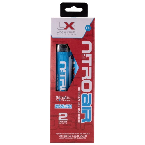 Umarex 2211382 Nitrogen Gas Cartridge, high pressure 3800 PSI for PCP airguns, 2-count pack in red and blue packaging.