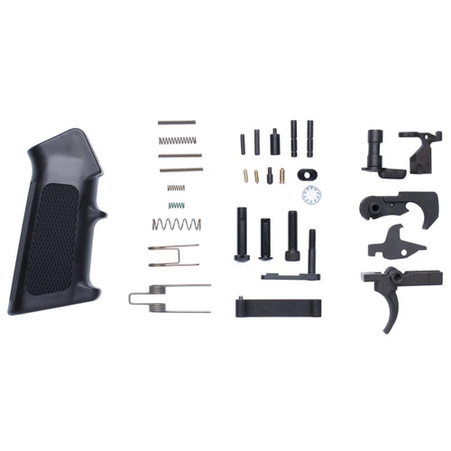 CMMG 55CA6C5 LPK 556 BLK, disassembled lower parts kit with black polymer grip, springs, pins, triggers, and other firearm components.