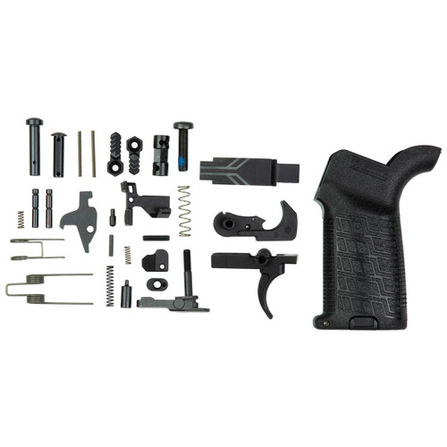 CMMG 55CA642 ZEROED LPK AR15, disassembled firearm lower parts kit with various small components and black grip.