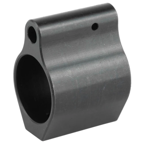 CMMG 55DA38D LOW PRO GAS BLOCK, .750 ID, close-up view of a black graphite steel gun part with precise machining and two holes for installation.