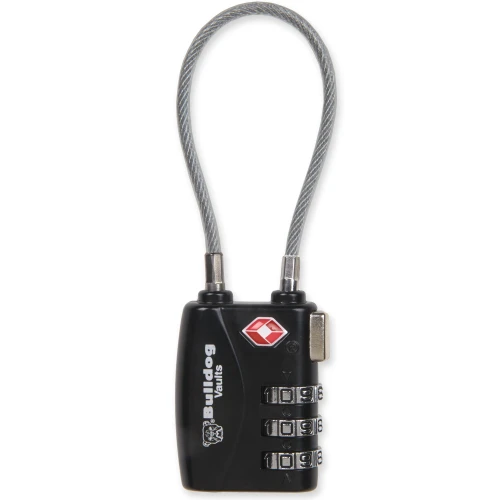 Bulldog Cases BD8022, a combination black suitcase lock with three dials and a flexible metal cable for securing luggage or other items.