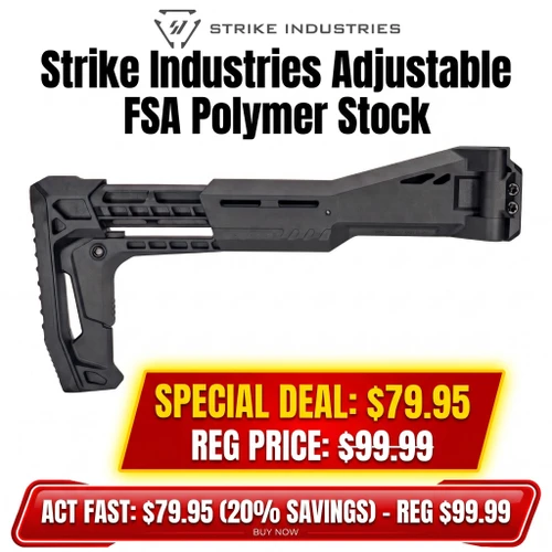 Strike Industries SI-FSA-SP-STOCK Adjustable FSA Polymer Stock with Picatinny Mount, black polymer adjustable rifle stock with tactical design and mounting rail, ideal for firearm customization and enhanced stability.