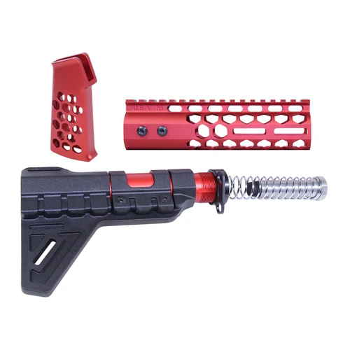 Guntec USA AR-HCP-SET-PB-RED Guntec USA AR-HCP-SET-PB-RED AR-15 Honeycomb Pistol Furniture Set With Brace (7") (Anodized Red) AR-HCP-SET-PB-RED