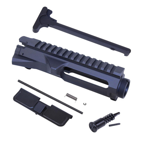 Guntec USA GT-UPPER-3 AR-15 Billet Upper Receiver Complete With Charging Handle, Forward Assist & Ejection Door Assembly, black firearm upper receiver components with rail and assembled parts.