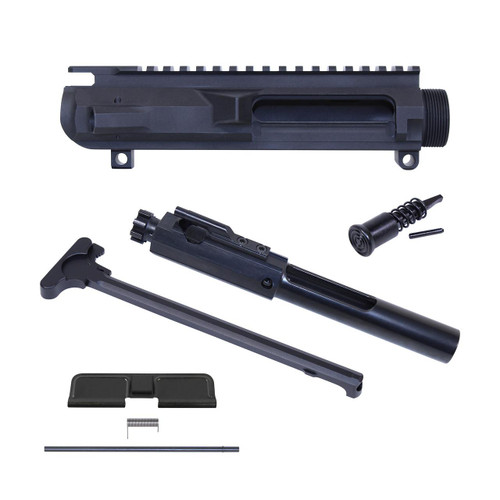 Guntec USA GT-UPPER-308-KIT AR .308 Cal Complete Upper Receiver Combo Kit, anodized black with upper receiver, bolt carrier group, barrel, handguard, and installation tools arranged for display.