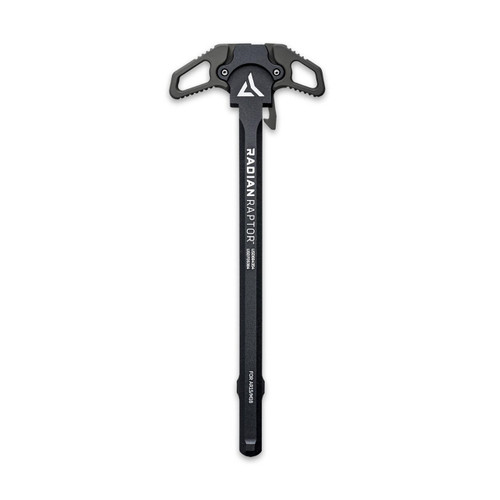 Radian Weapons RAPTOR Charging Handle 556 Gray, a black tactical charging handle with ergonomic grips and branding for superior firearm performance and durability.