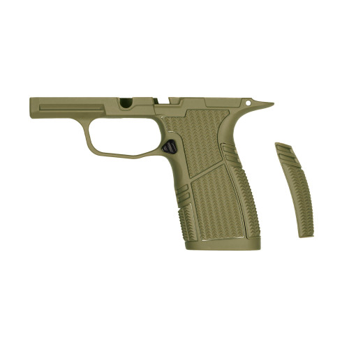 Tyrant CNC TD-P365GRM-SNUB-OD, a desert tan polymer frame background with an additional magazine.