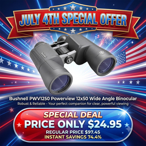 Bushnell PWV1250 Powerview 12x50 Wide Angle Binocular, black, shown in promotional advertisement with July 4th special offer background.