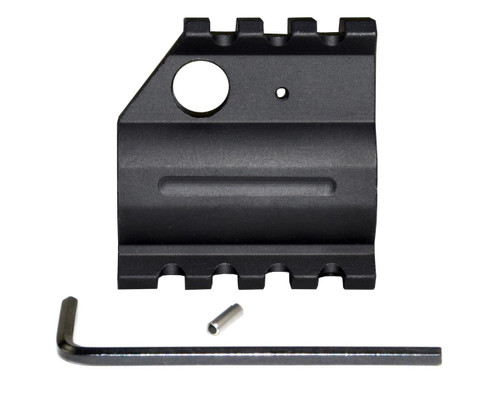 ABCSportZ MHQGB 0.750” AR-15 Railed Gas Block, HIGH PROFILE, black metal upper rail gas block with mounting pegs, Allen wrench, and a small pin for installation.