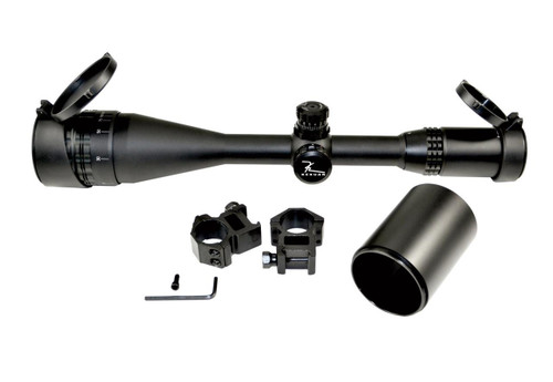 Kexuan 4-16X50AOL Scope With Front AO, R/G/B Tri-Illumination Mil-Dot Reticle by Sniper, black rifle scope with adjustable zoom, lens covers, mounting rings, and mounting hardware.
