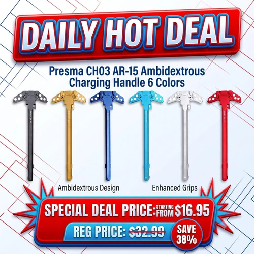 Presma CH03 AR-15 Ambidextrous Charging Handle 6 Colors, image showing six different color charging handles with ambidextrous design and enhanced grips, on sale with discounted pricing.