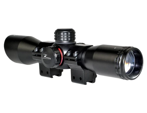 Kexuan 4X32 Compact Scope with Red/Green 5 Line Reticle and 1 Inch Dovetail Scope Rings, black rifle scope with adjustable turrets and illumination, suitable for hunting and shooting sports