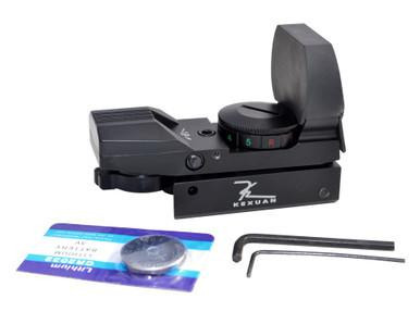 Kexuan Mini Reflex Red/Green Dot Sight with 4 Reticle Patterns, Dovetail Mount, front view showing the compact optical sight with adjustable reticle dial and mounting hardware.