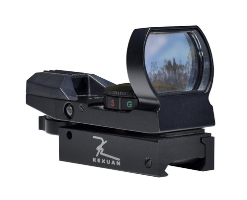 Kexuan Mini Reflex Red/Green Dot Sight with 4 Reticle Patterns, Picatinny Mount, close-up view of the tactical sight showing the lens, reticle adjustment dial, and mounting base.