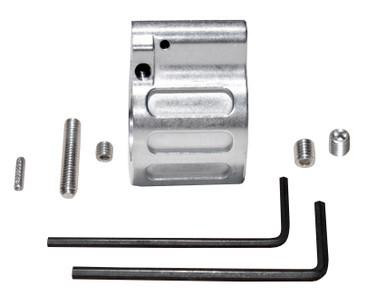 Presma 0.750" Adjustable Low Profile Gas Block, Stainless Steel (GB10-SS), metallic gas block with mounting hardware and two hex keys.