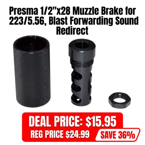 Presma MZ-04-01-B 1/2"x28 Muzzle Brake for 223/5.56, Blast Forwarding Sound Redirect, Steel, Black