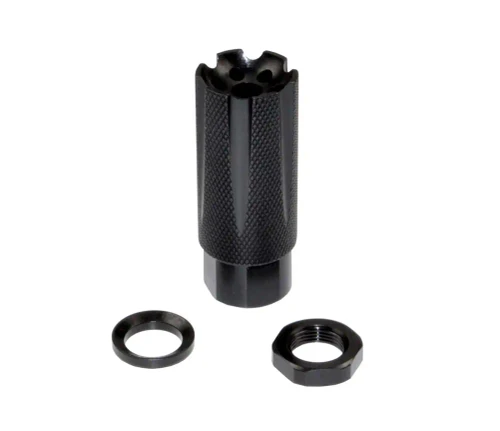 Presma MZ-08-01-B Competition Grade Muzzle Brake for .223/5.56, black knurled muzzle brake shown upright with separate locking nut and washer on a white background.