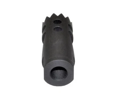 Presma 1/2x28 Competition Grade Muzzle Brake Recoil Compensator for .223/5.56, Steel, Gun Metal Black, front view of the black steel muzzle brake with a threaded end and venting holes for recoil reduction.
