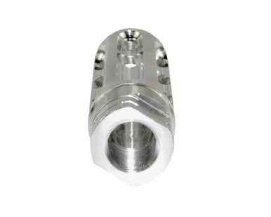 Presma 1/2x28 Muzzle Brake for AR-15, Stainless Steel, front view highlighting the threaded opening and vent holes.