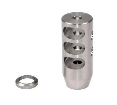 Presma 1/2x28 Muzzle Brake, Stainless Steel - AR-15, metallic cylindrical muzzle device with multiple circular vents and a separate matching washer.
