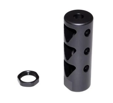 Presma 1/2x28 Muzzle Brake, Steel with Black Phosphate Finish - AR-15, cylindrical black metal muzzle brake with a matching nut for attachment.